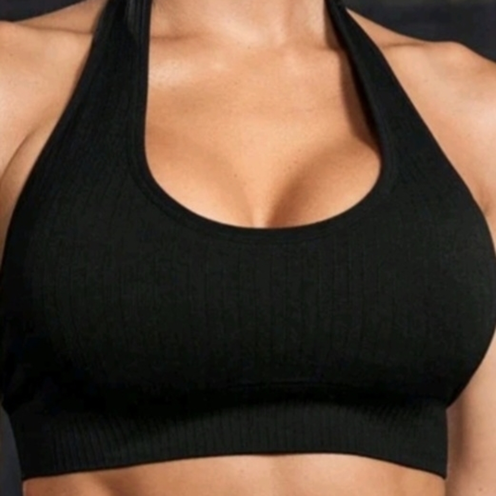SHEIN Black Ribbed Halter Sports Bra